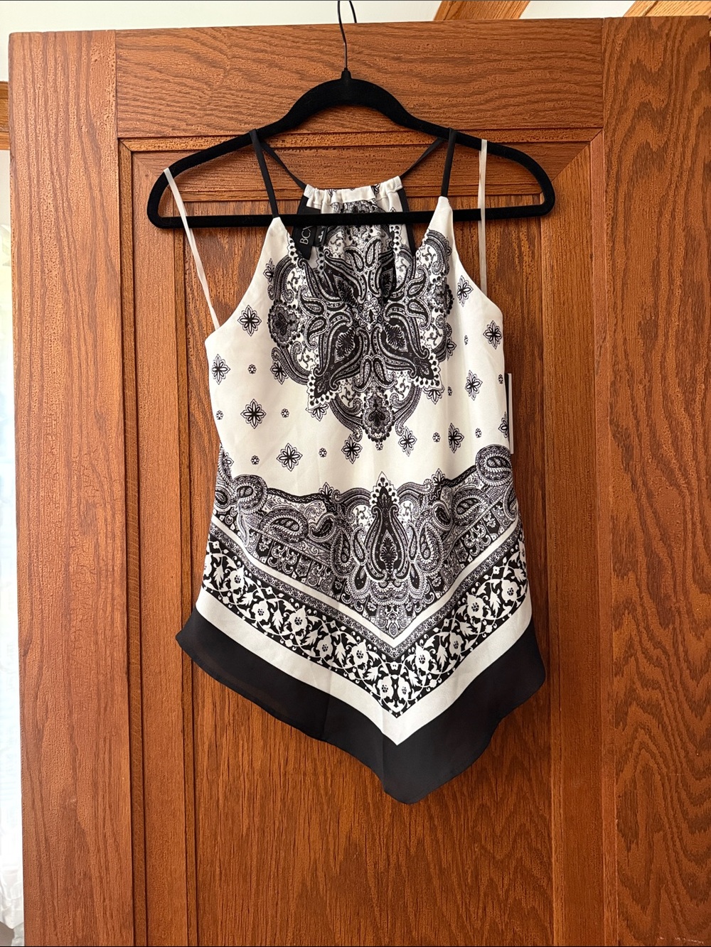 BCX Black and White Paisley Handkerchief Hem Camisole